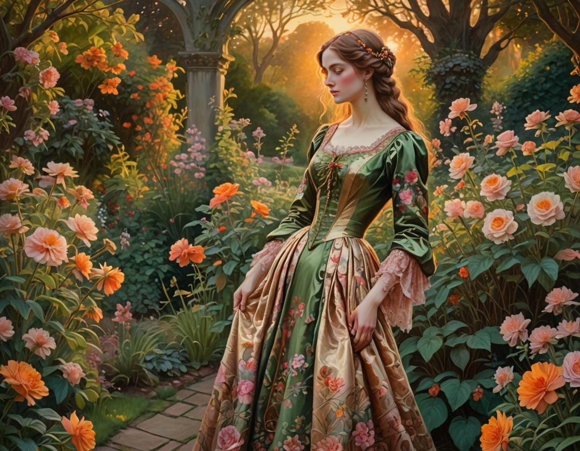 Victorian Woman in Garden: Pre-Raphaelite Style
