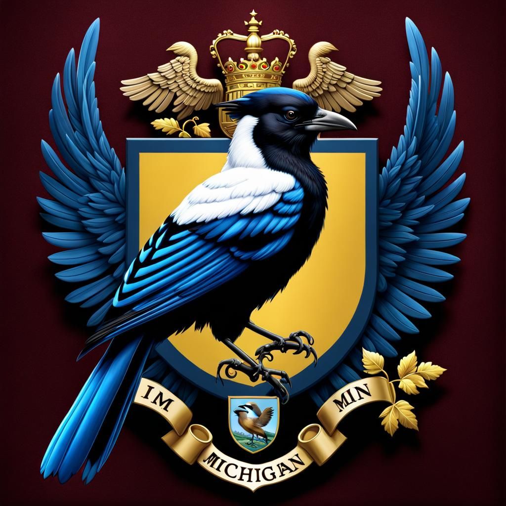 Majestic Magpie with Michigan Coat of Arms
