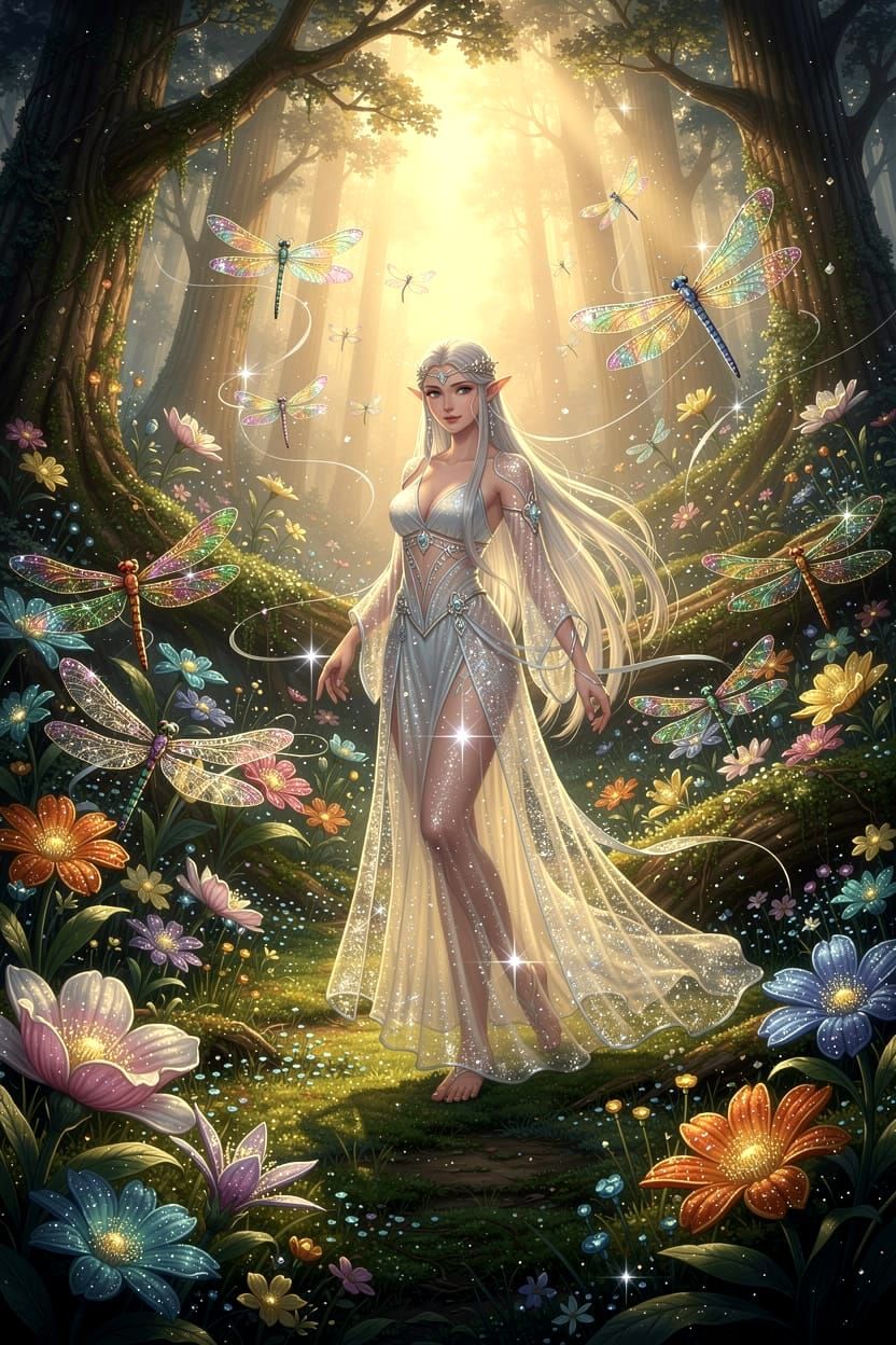 Elf in Fantasy Forest with Dragonflies, Gongbi Style
