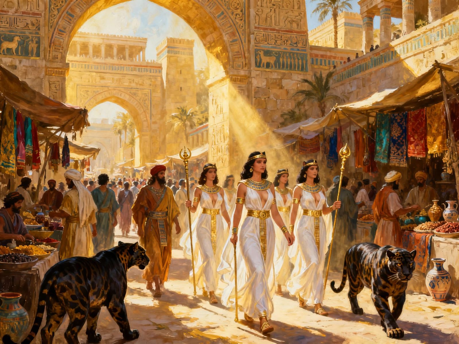 Fantasy Marketplace with Panther Merchants and Priestesses