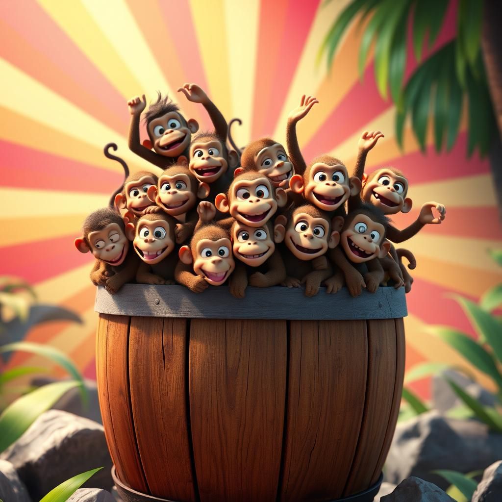 Monkeys Overflowing from Barrel in Whimsical 3D Render