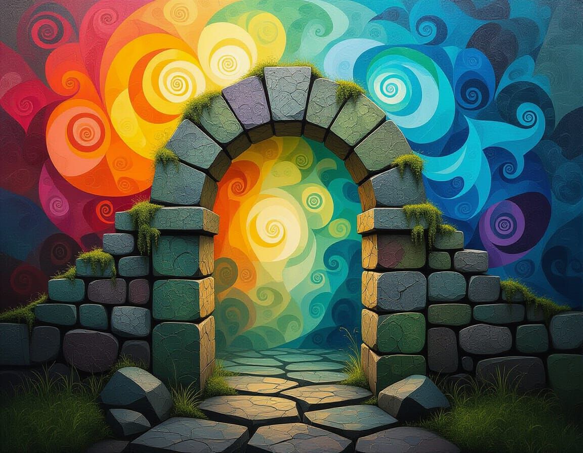 Ancient Mossy Archway with Swirling Colors