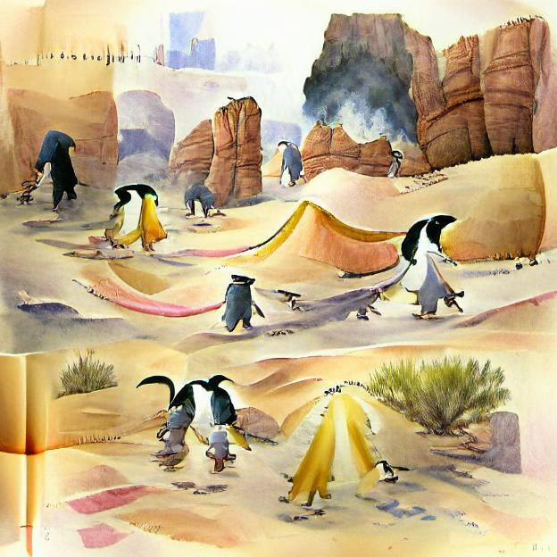 Penguins Journey Through Desert: Storybook Illustration