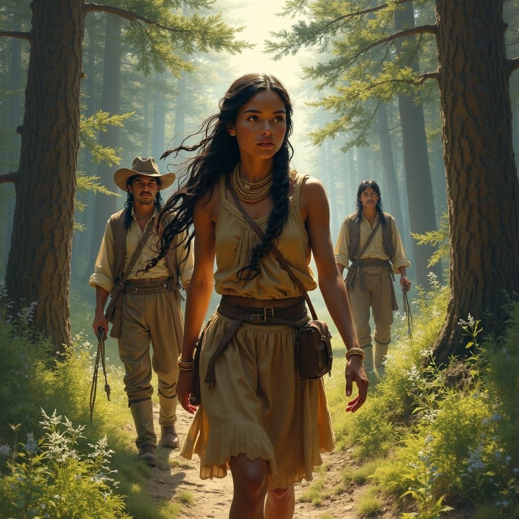 Sacagawea Leads Explorers through Sunlit Forest in Painterly...