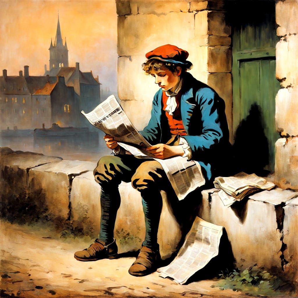 Homeless Boy Reads Newspaper in Rembrandt Style