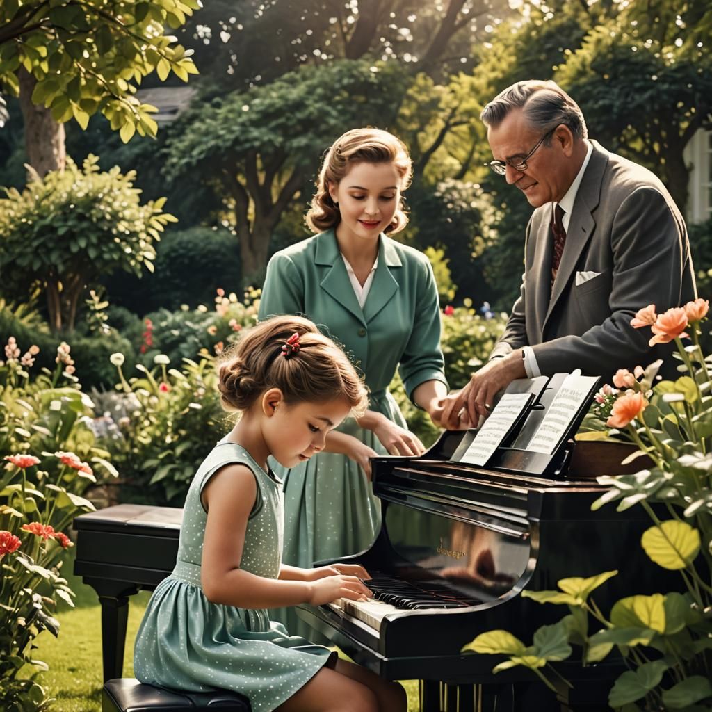 Girl and Father Playing Piano in Garden, 1950s