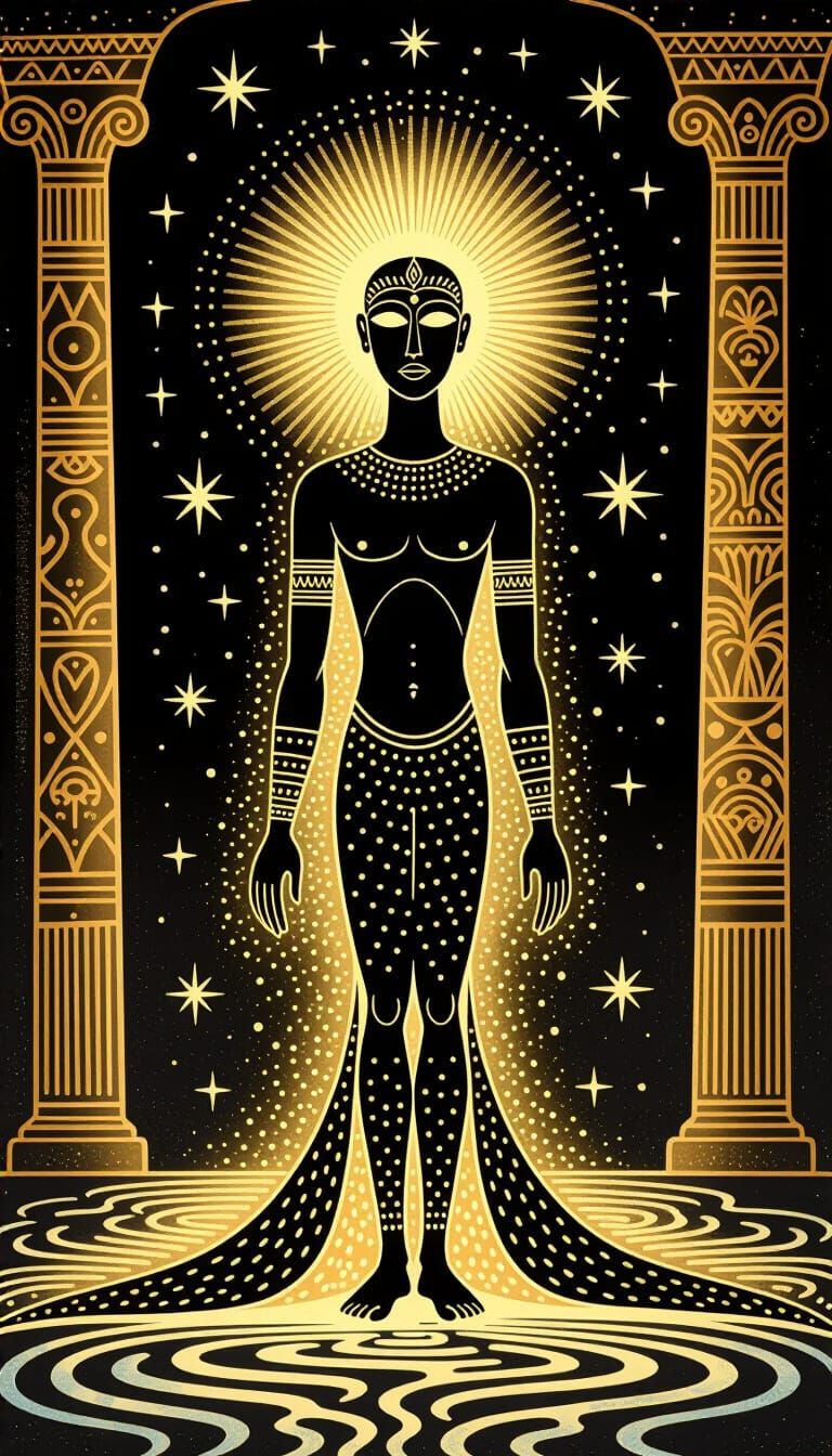 Paleolithic Cave Art: Glowing Figure with Ornate Halo