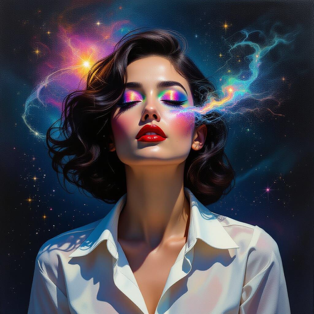 Luminous Woman Dissolving in Cosmic Void as Oil Painting