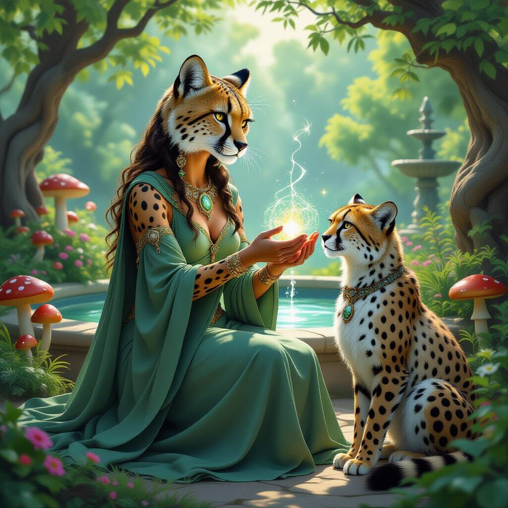 Cheetah Healer Channels Magic in Lush Garden