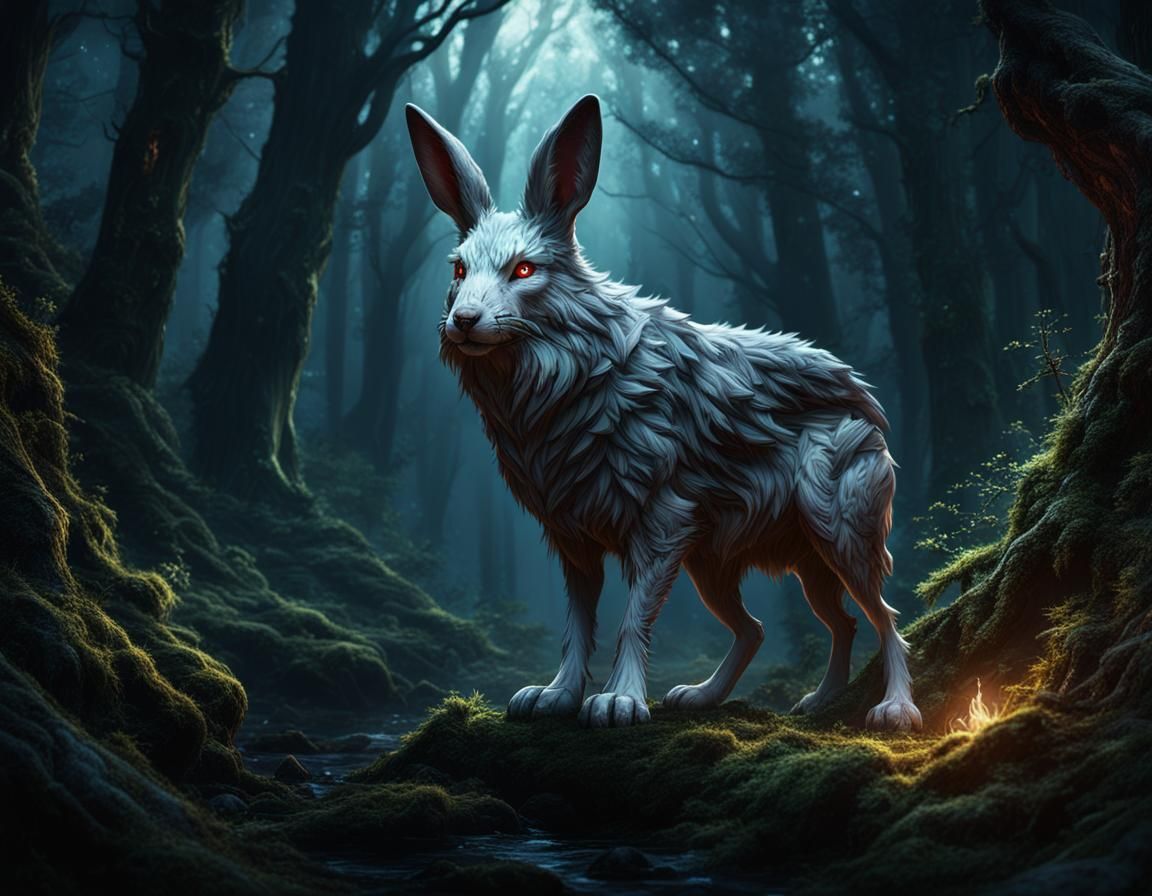 Rabbit Wolf Hybrid in Dark Forest, Detailed Matte Painting