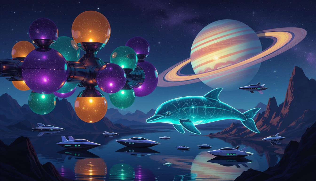 Surreal Space Station of Sea Glass and Dolphin Ship