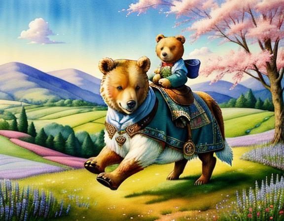 Teddy Bears Piggyback Ride on Quilt Landscape