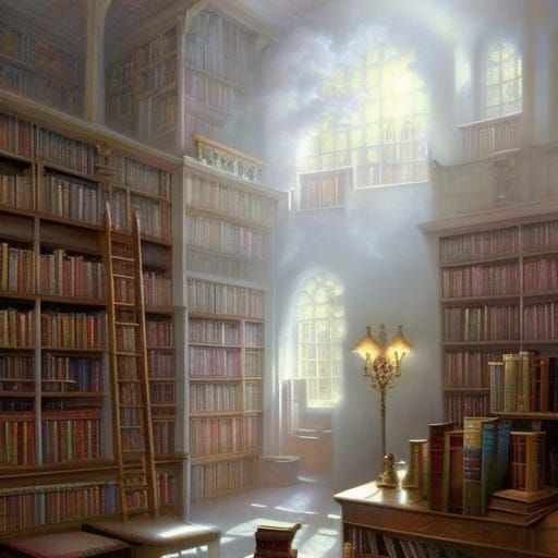 Ethereal Light-Filled Library in Hyperdetailed Fantasy Style