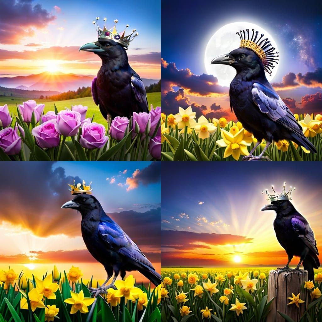 Crowned Crow with Roses and Daffodils