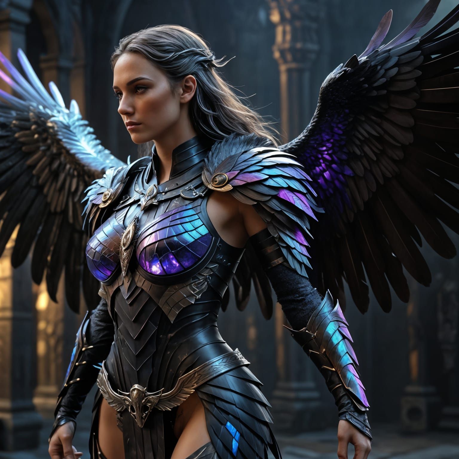 Winged Woman in Black Armor with Spear