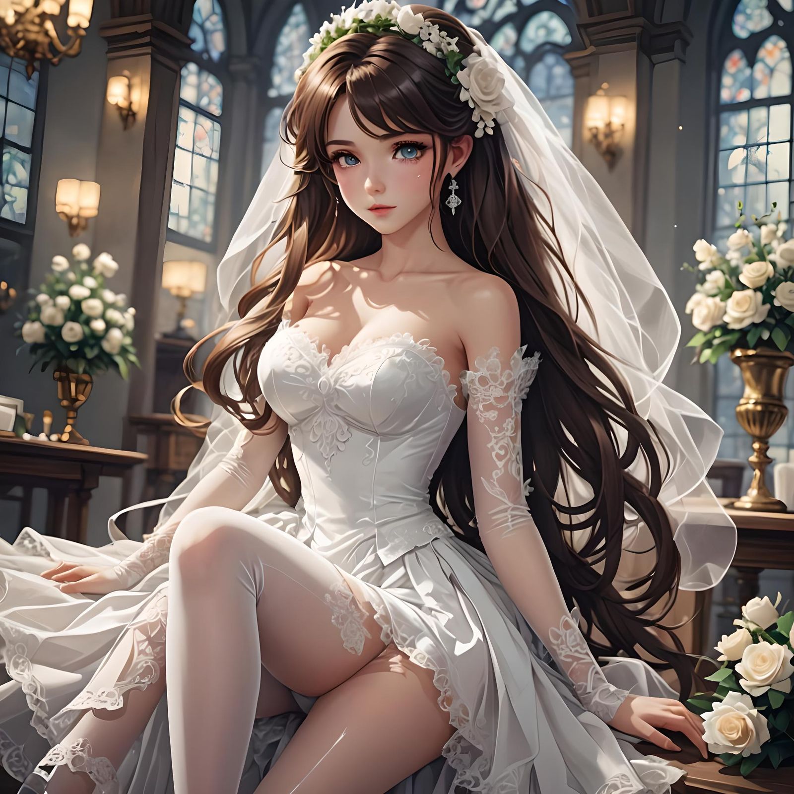 Beauty brunette, long hair, white wedding hosiery