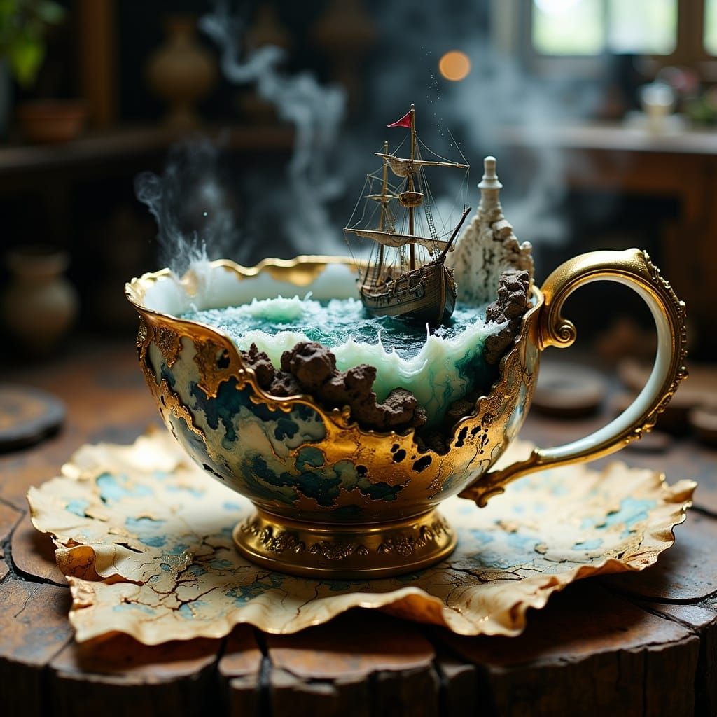 Ornate Teacup Containing Stormy Ocean Scene