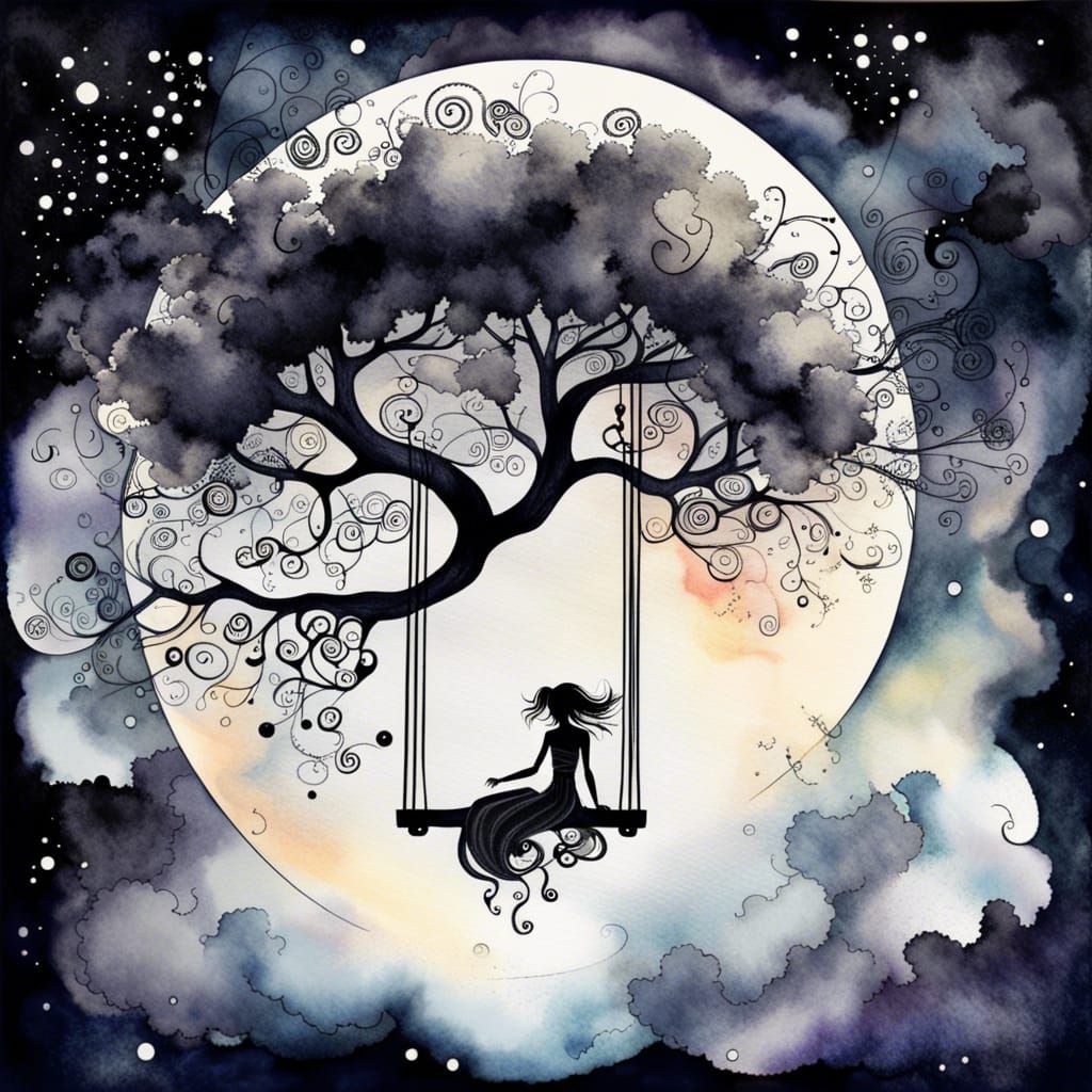Fairy on Magic Tree Swing in Dark Fantasy Art