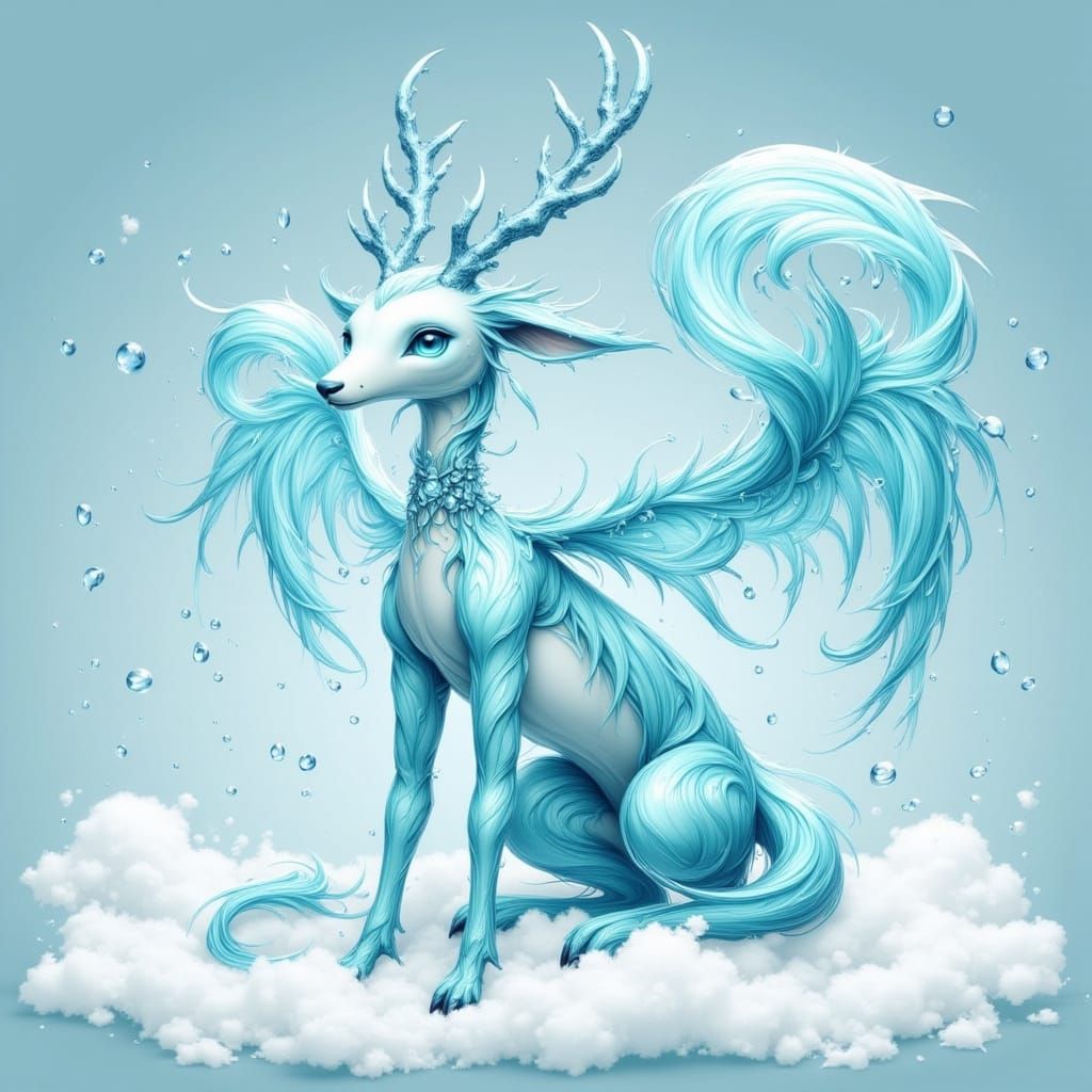 Aqua Deer Creature with Wings in Anime Style
