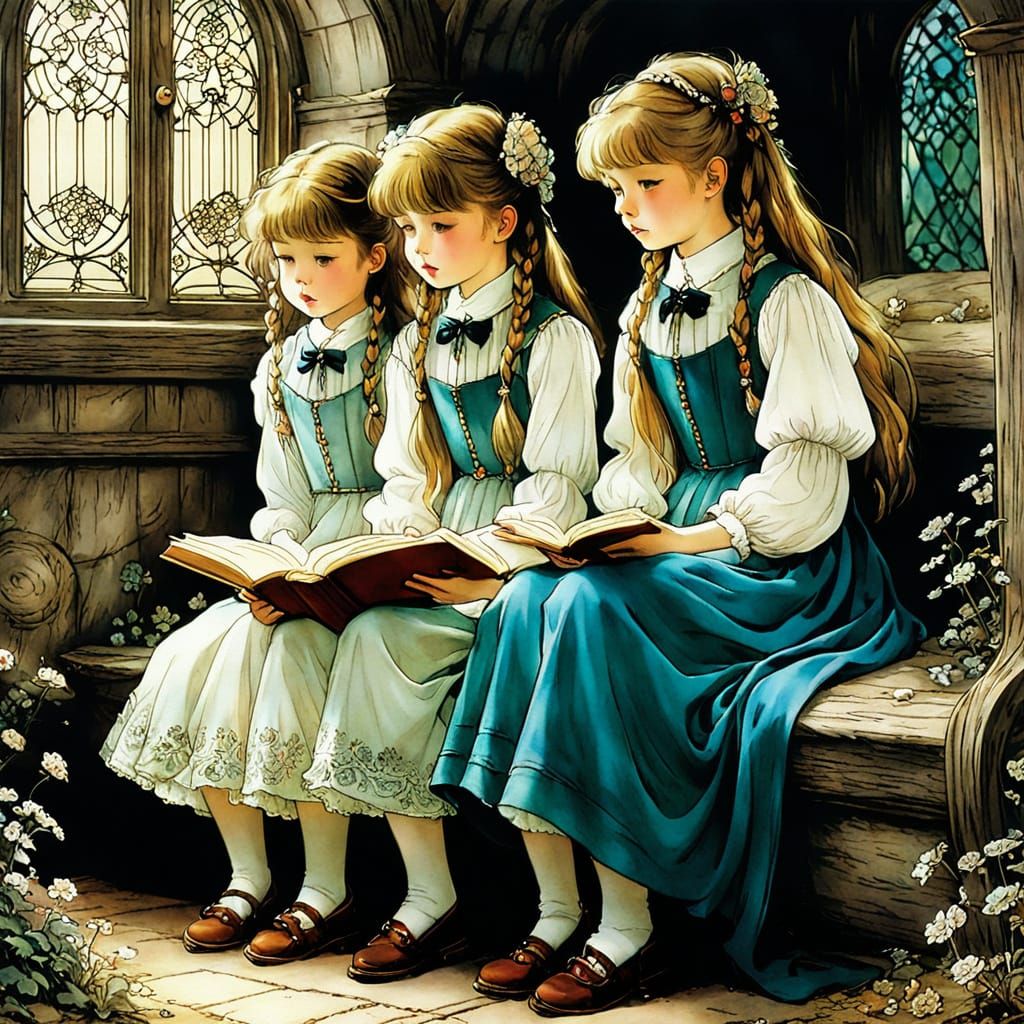 Cute Sisters Reading Book in Anime Style