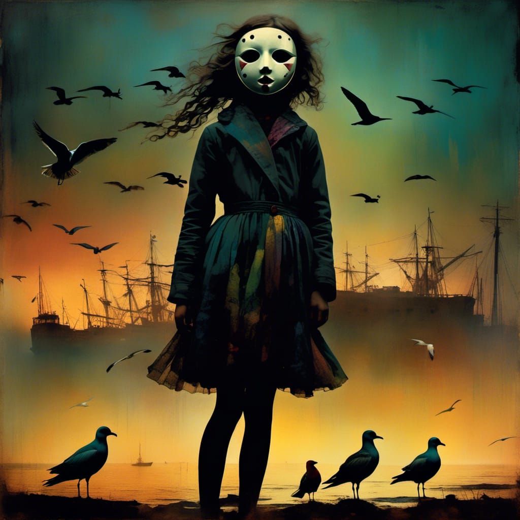 Eerie Masked Girl in Dystopian Sunset Scene