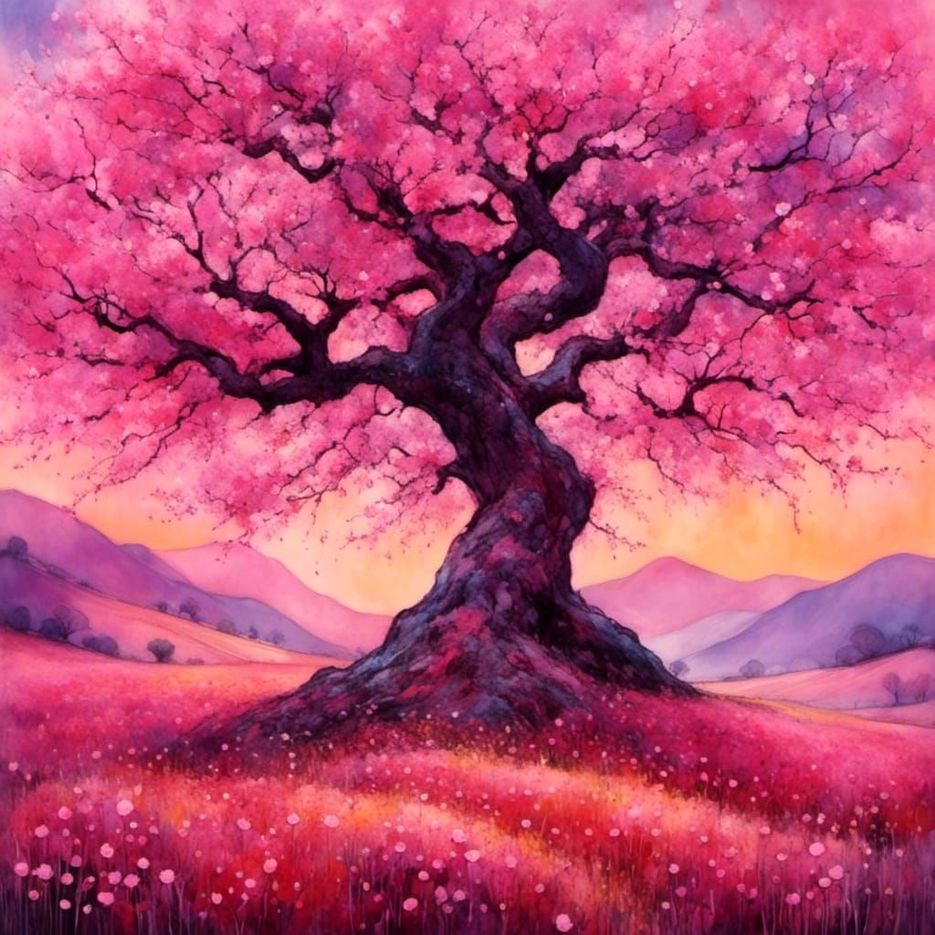 Cherry Blossom Tree in Liquid Ink Style