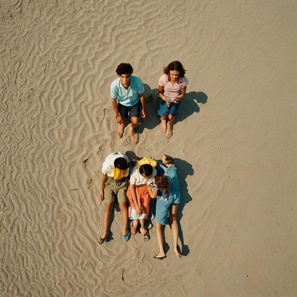 Teenage Girls Daydreaming on Beach in Wes Anderson Style