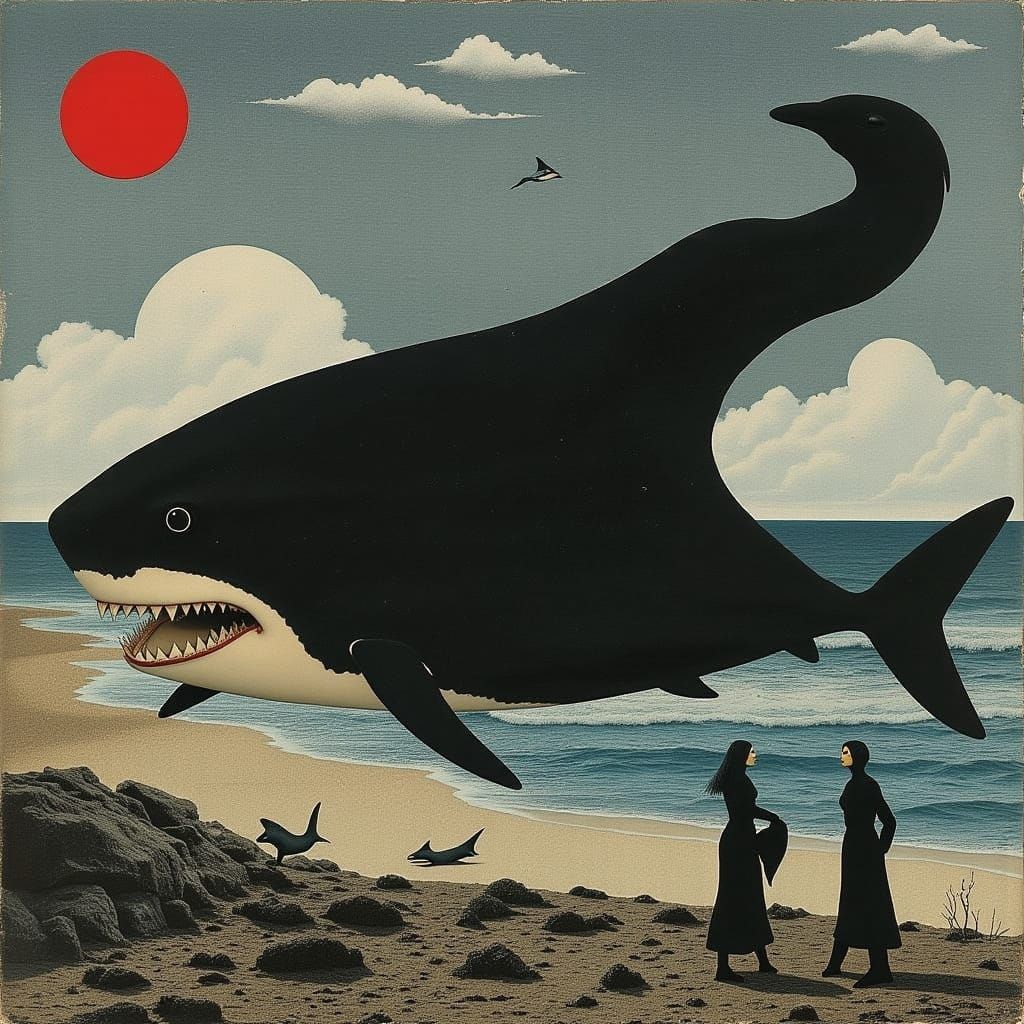 Shark Emerging from Dark, Mysterious Ocean in Cyberpunk Styl...