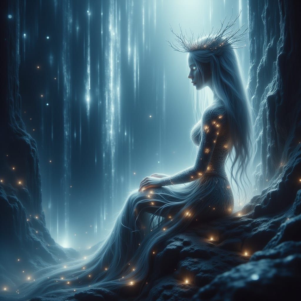 Ethereal Woman at Mystical Waterfall in Hyperrealism