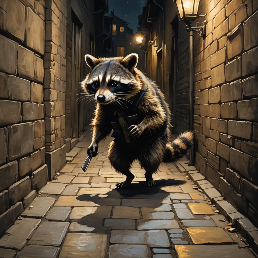 Raccoon Thief in Alleyway: Expressionist Illustration
