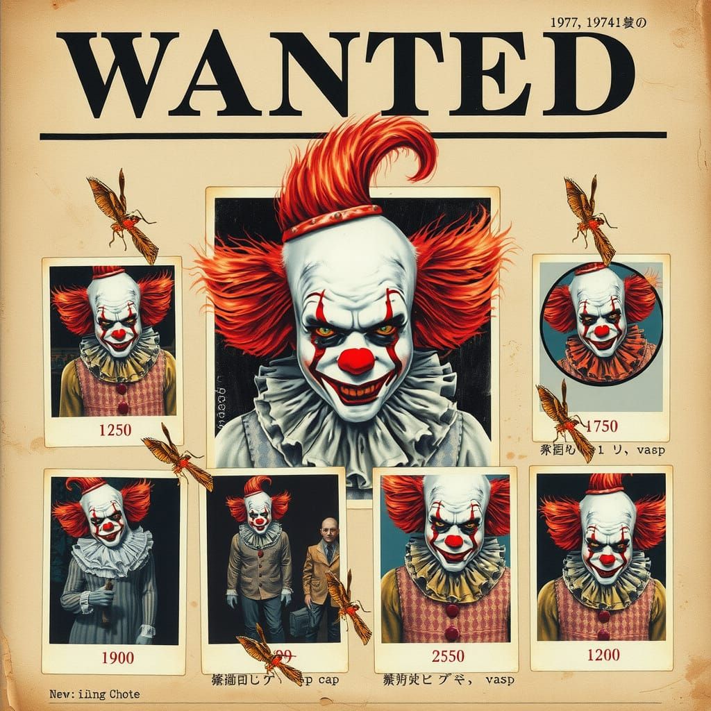 Creepy 70s Wanted Poster with Horror Clowns