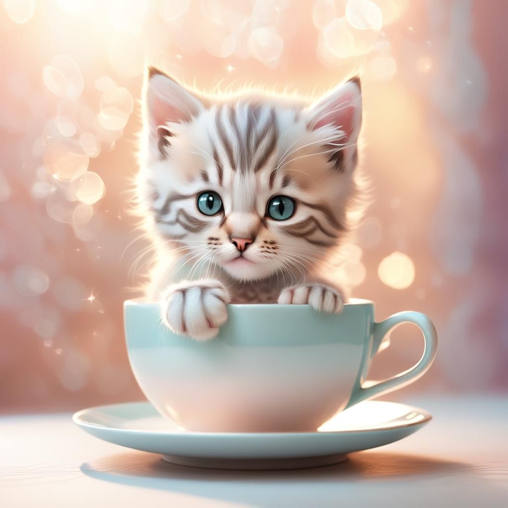 Playful Kitten Overflowing Teacup in 3D Rendering