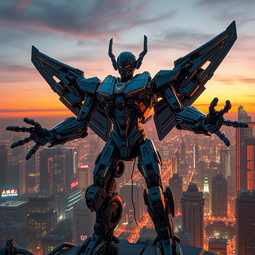 Cyberpunk Robot Transformation in Futuristic Cityscape