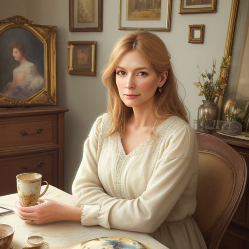 A Whimsical Watercolor Portrait of a Woman Surrounded by Sen...