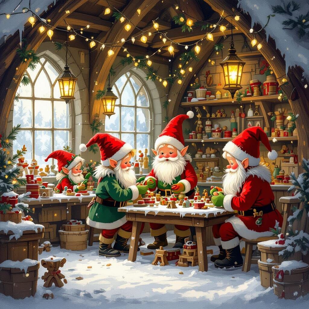 Whimsical Santa's Elves in Magical Toy Workshop