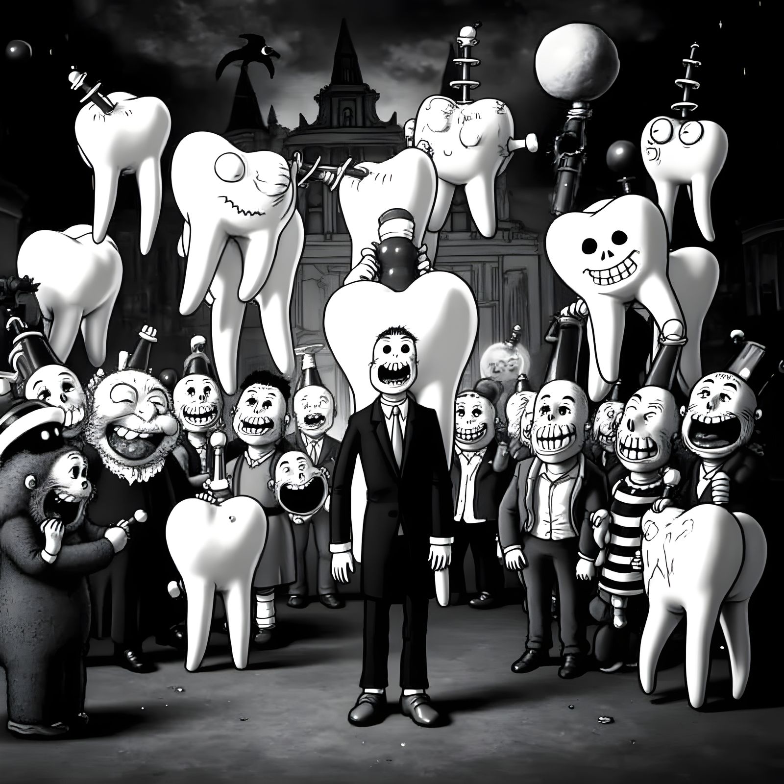 Tooth Society Gathering: A Surreal Vintage Cartoon