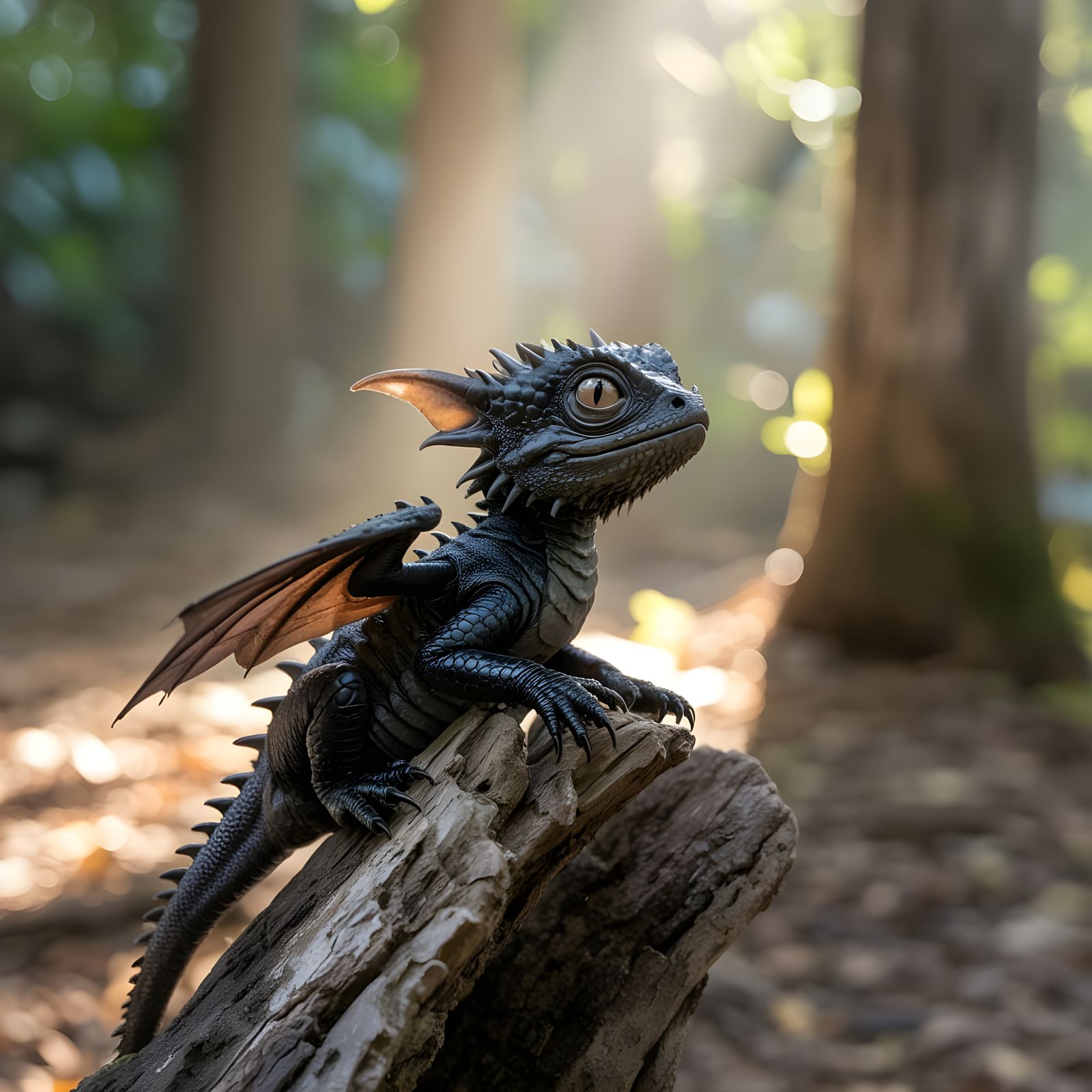 Adorable Black Dragon Wyrmling in Forest Sunlight
