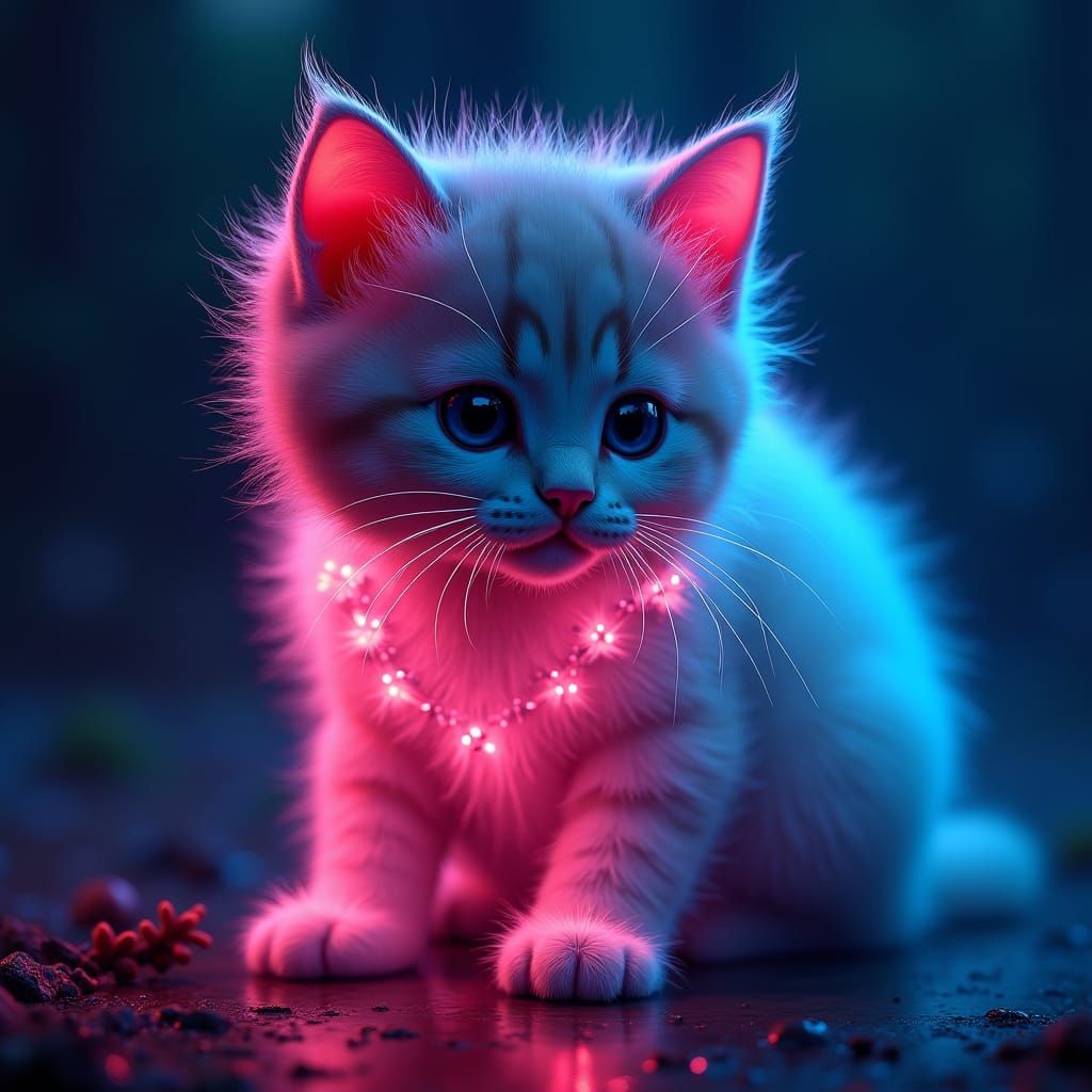 Hyperrealistic Fluorescent Kitten at Night