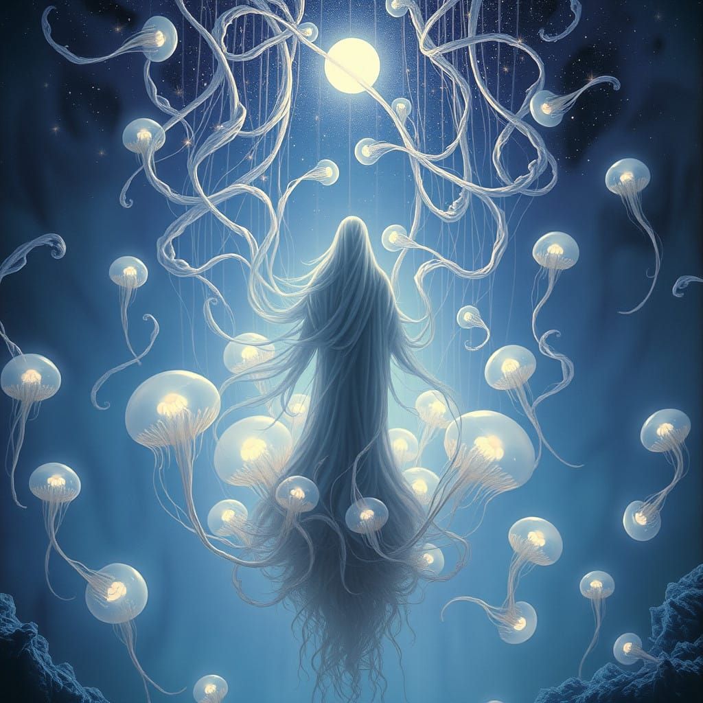 Luminous, Ethereal Figure Rises from Glowing Jellyfish Orbs...