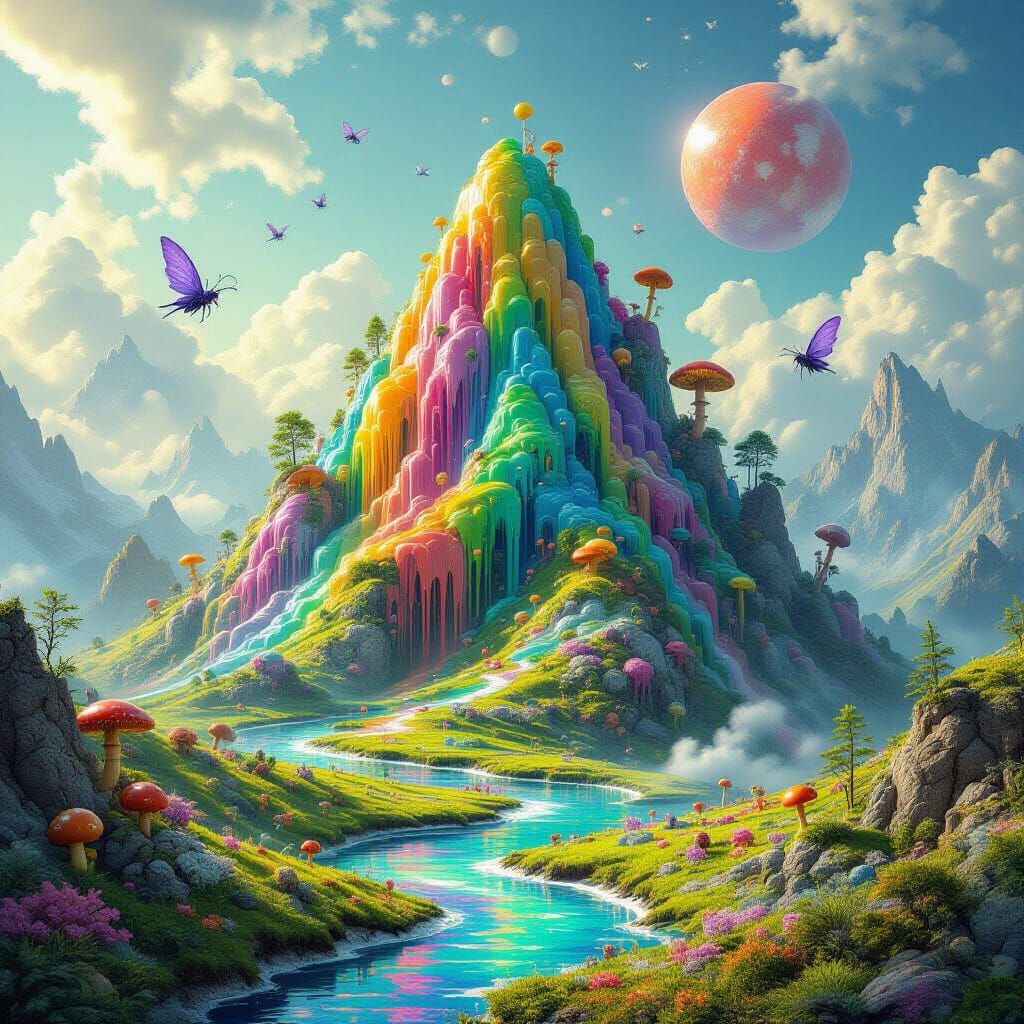Alien Crayon Mountain Landscape in Fantasy Style