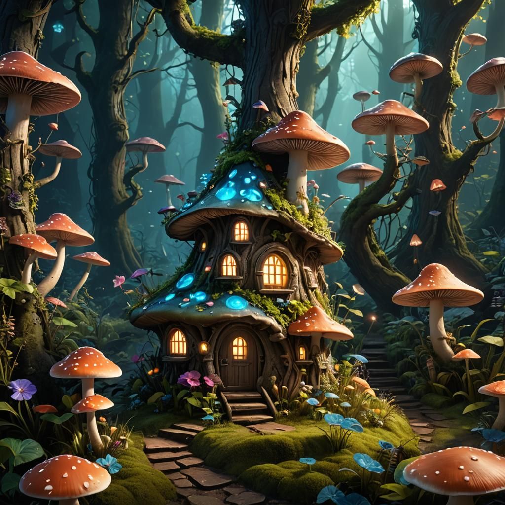Enchanted Bioluminescent Forest Fairy Mushroom House