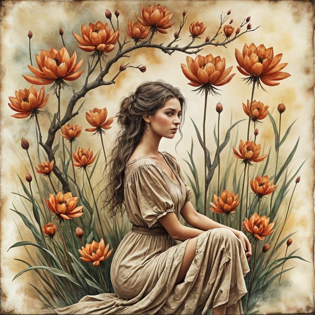 Grunge Antique Watercolor of a Waiting Scene