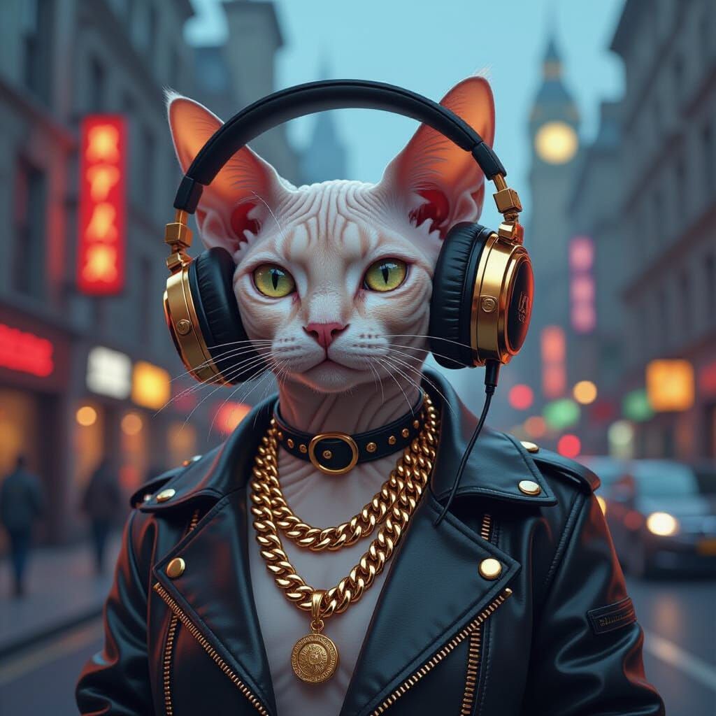 Devon Rex Cat in Leather Jacket, Hyperrealistic London Scene