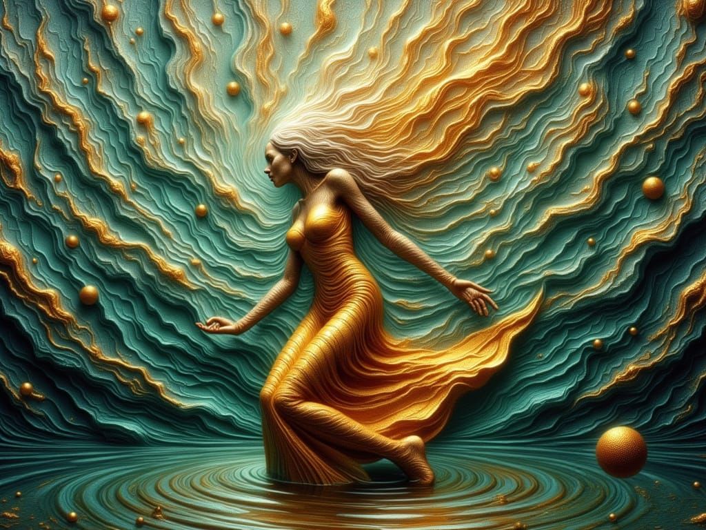 Golden Liquid Woman Dancing in Teal and Gold