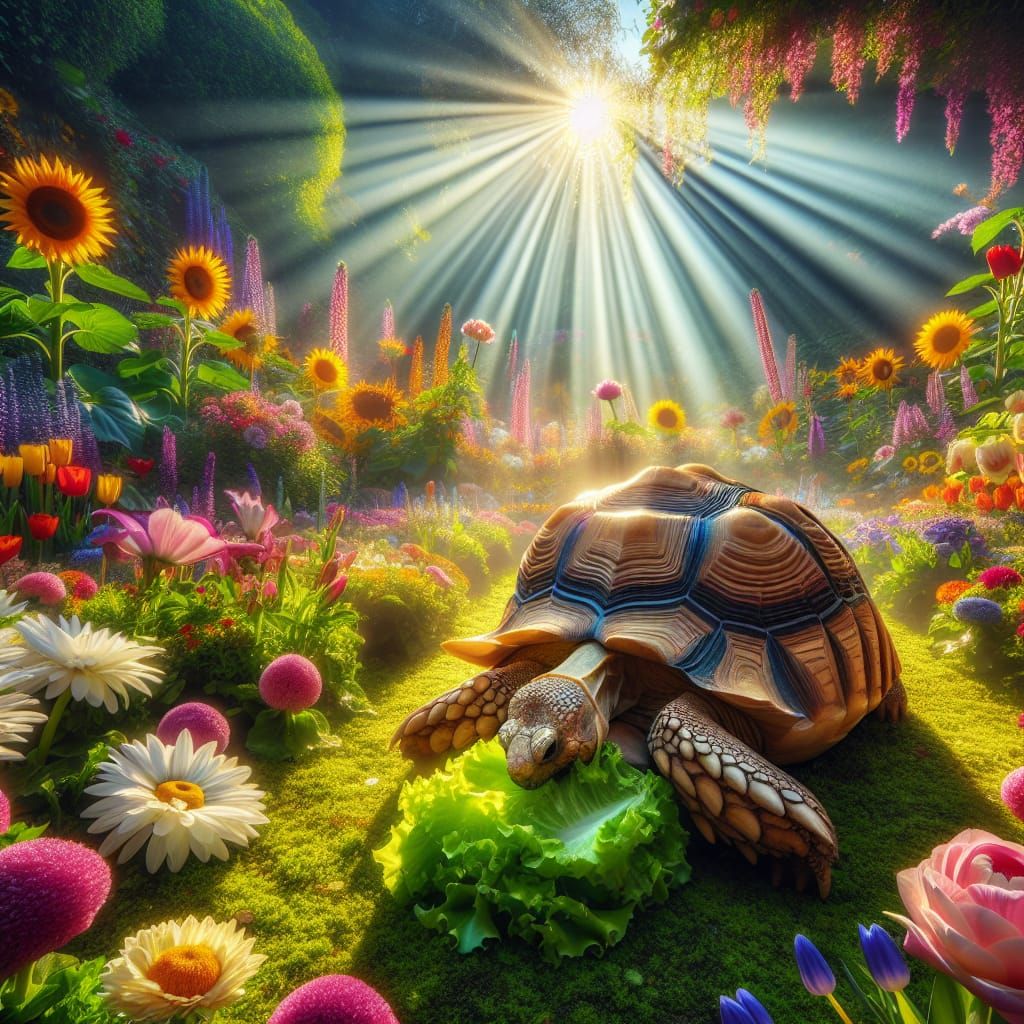 Tortoise Lunch in a Sunlit Flower Garden