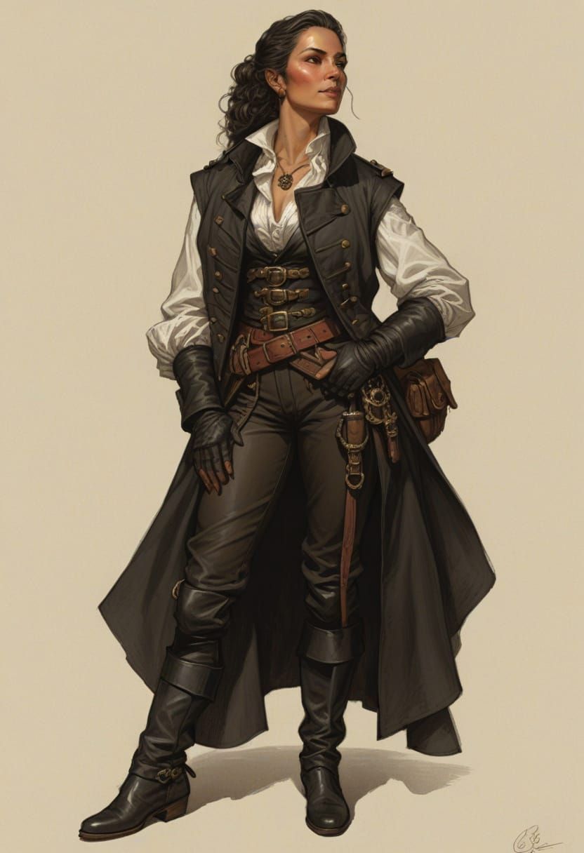 Female Ship Captain in Black, Heroic Fantasy Art