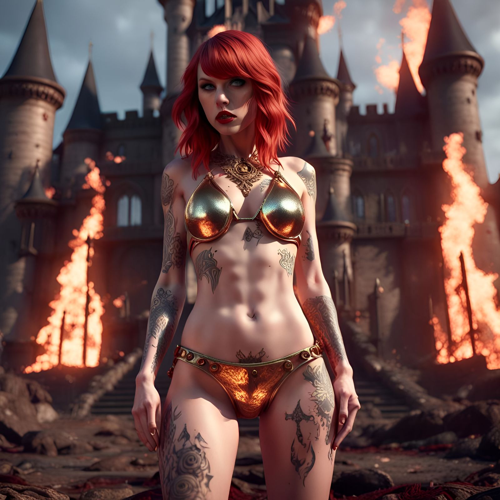 Red-Haired Vampire Crying Blood in Sci-Fi Style