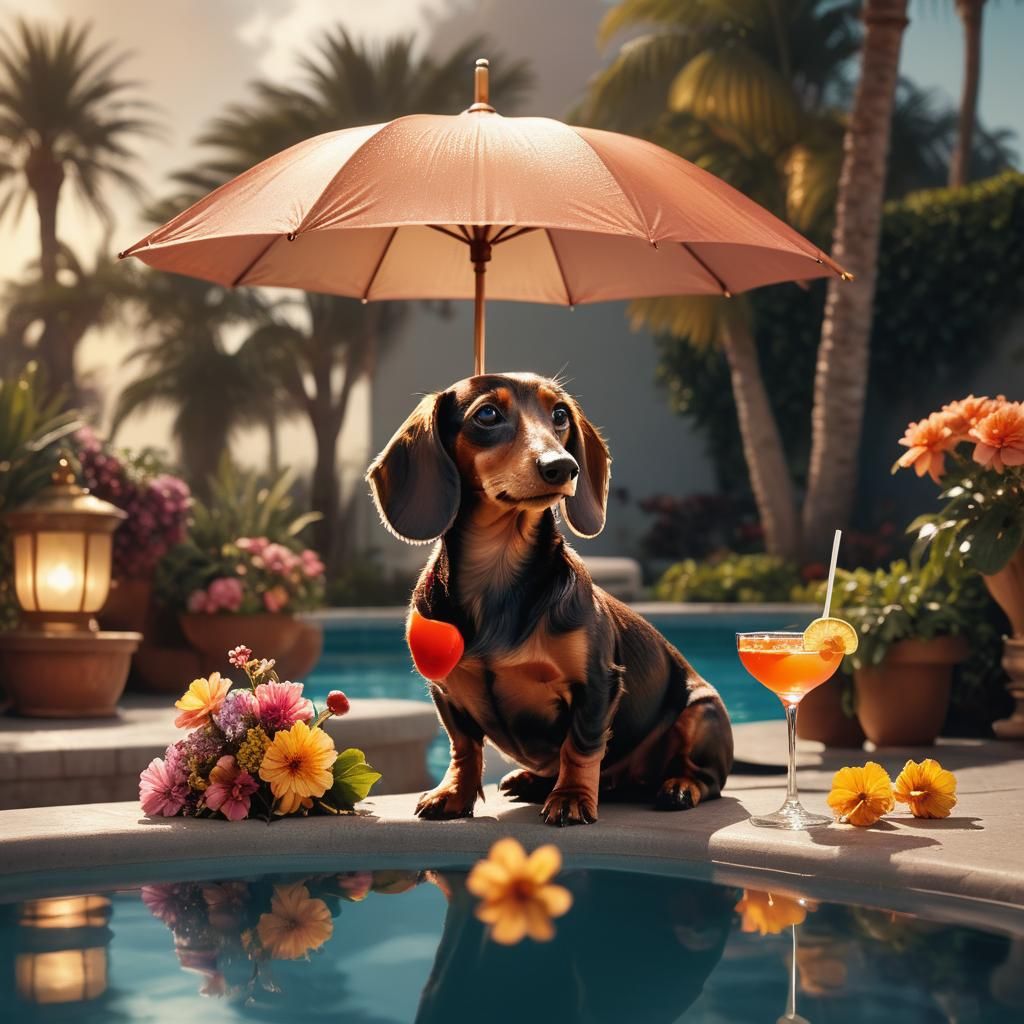 Dachshund Cocktail by Pool in Cinematic Style