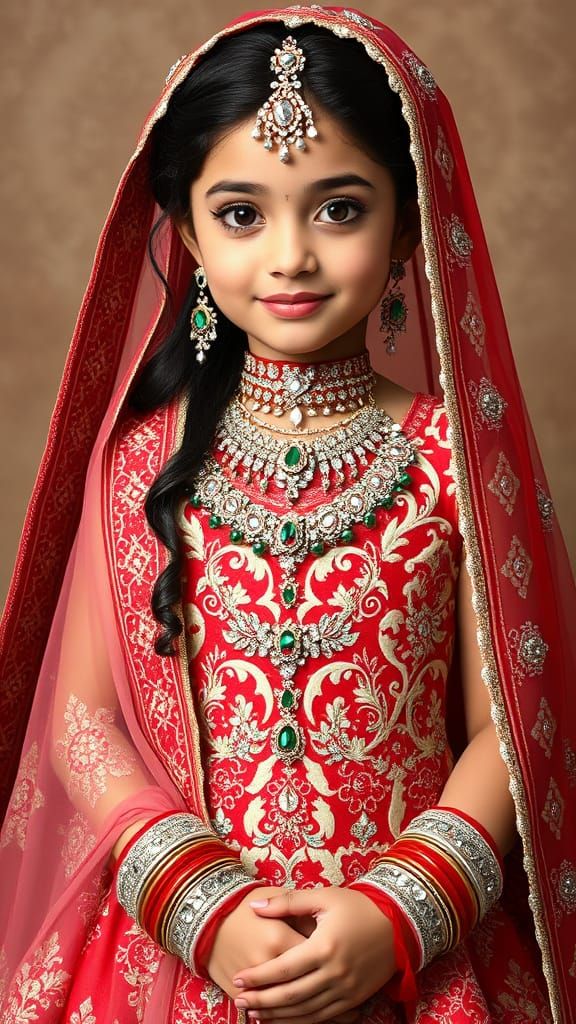 Regal Islamic Bride in Red and White Gown with Jewels