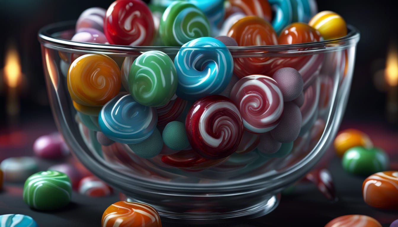 Hyper-Realistic Magical Candies in Glass Bowl
